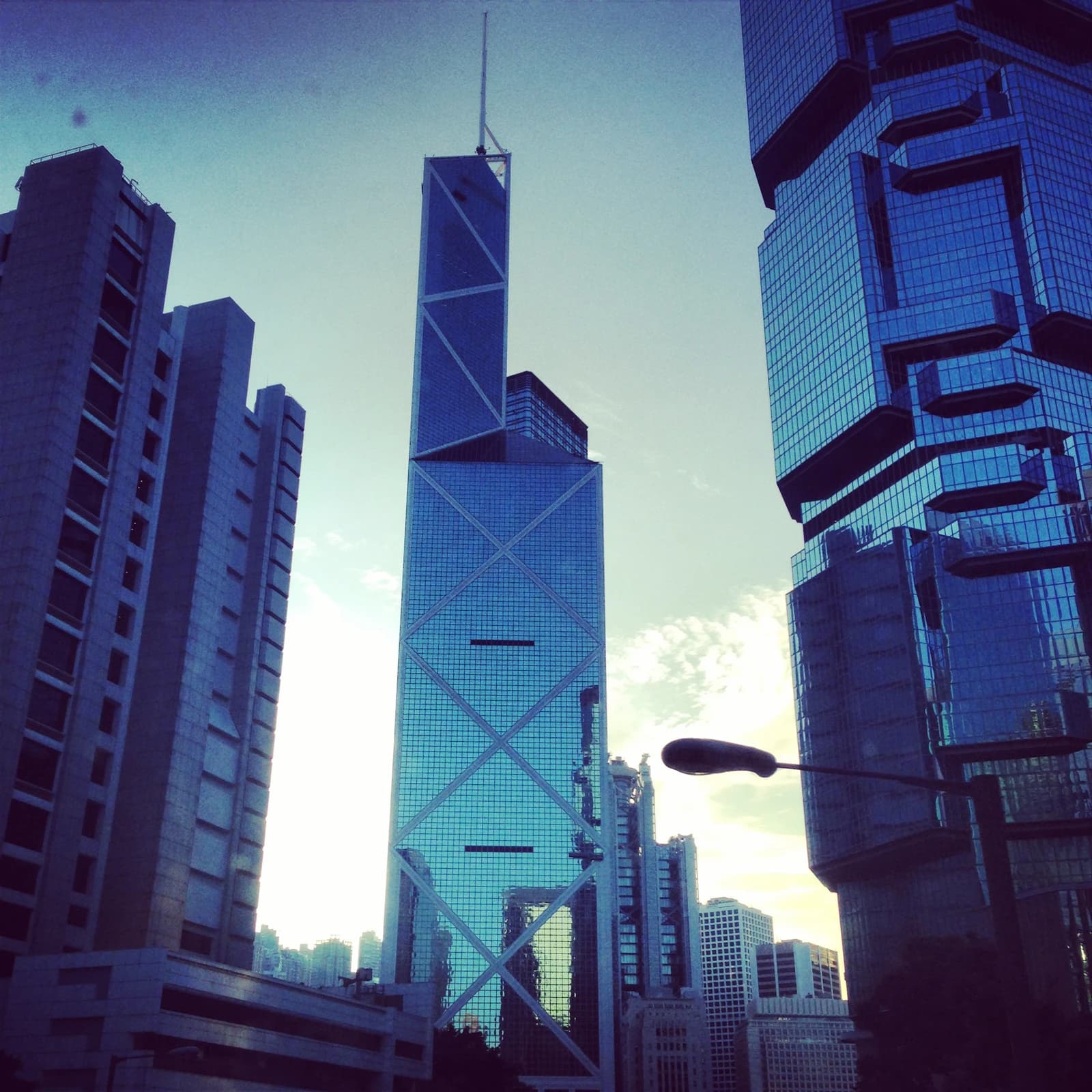 Lippo Centre, a complex of two skyscrapers, and surrounding buildings in Hong Kong.