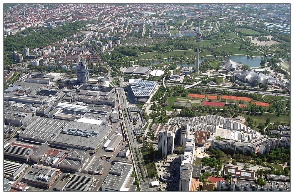 Aerial view of BMW plant, headquarters building, and Olympic Park in Munich.