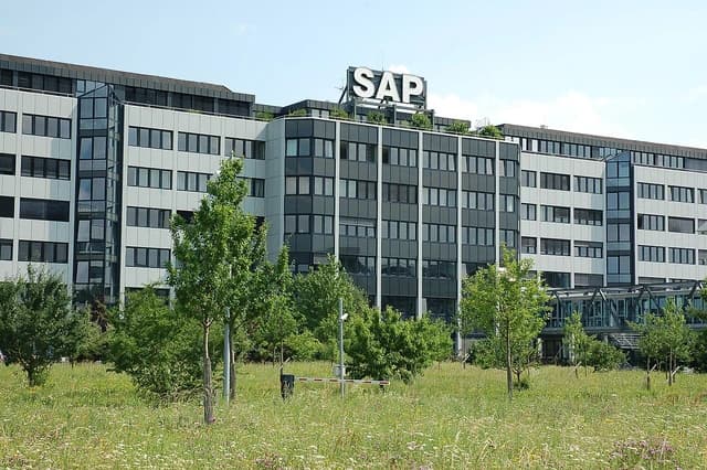 SAP AG headquarters building with the SAP logo on the roof in Walldorf, Germany.