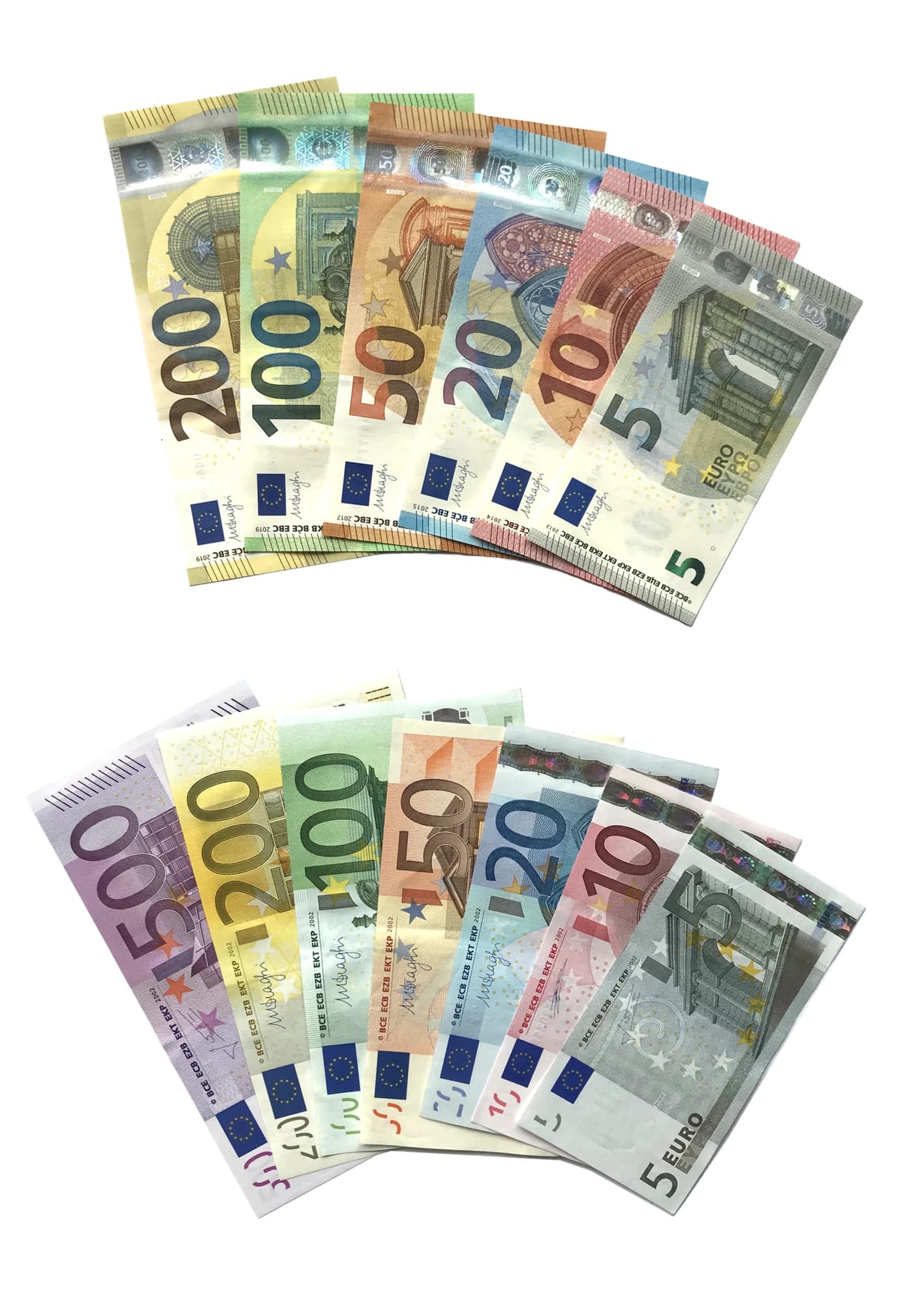 Euro banknotes, including 5, 10, 20, 50, 100, 200, and 500 Euro denominations.