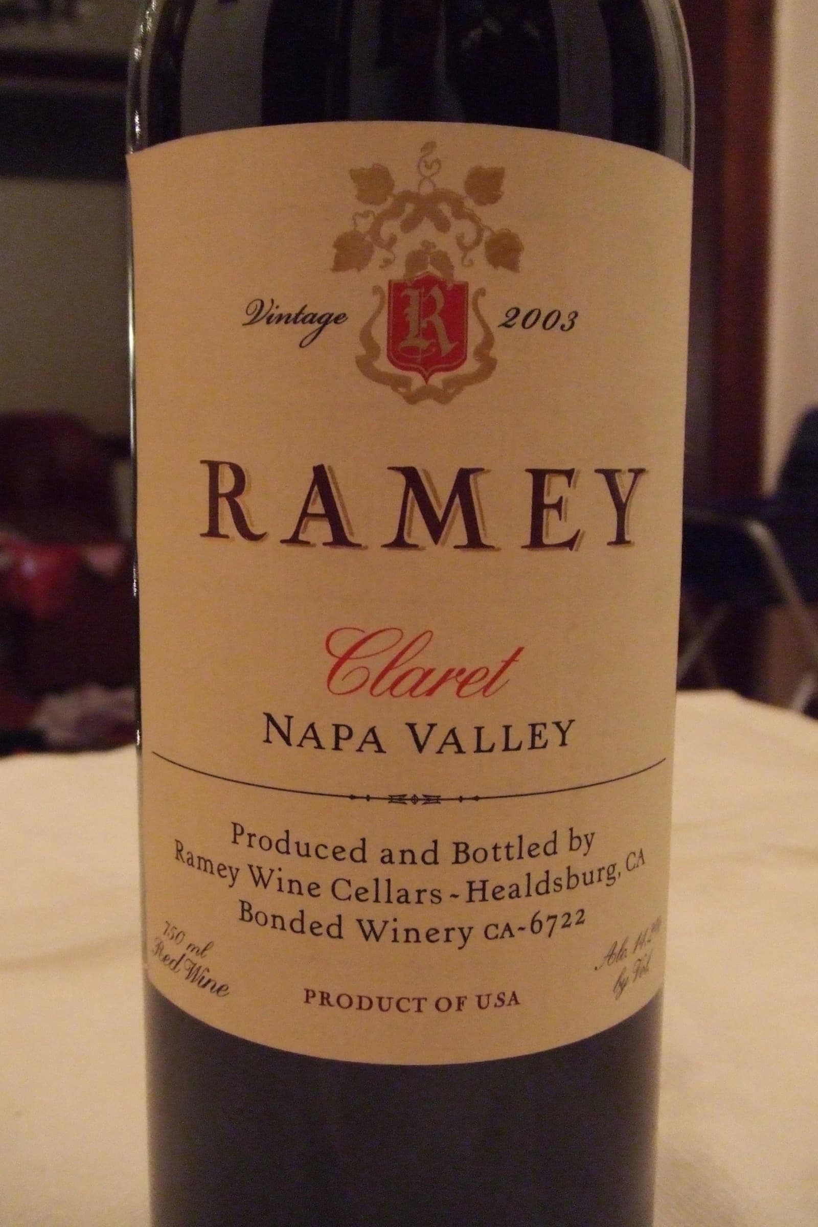 Close-up of Ramey Claret Napa Valley wine bottle label, vintage 2003.