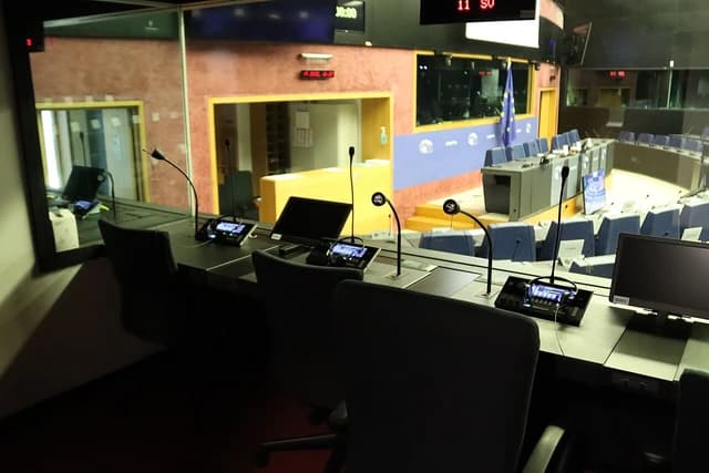 An interpreting booth overlooking the European Parliament chamber in Strasbourg, France.