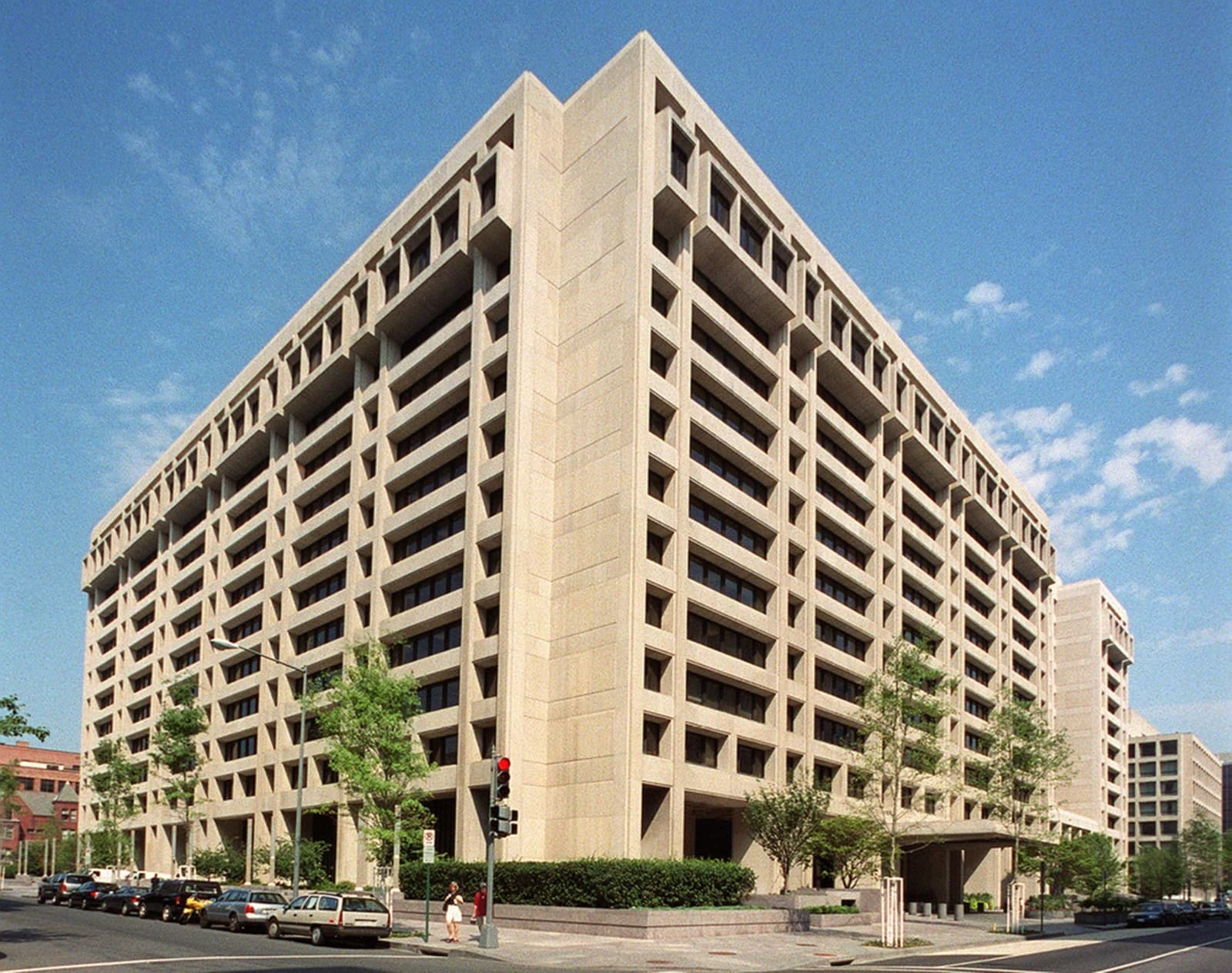 Exterior view of the International Monetary Fund (IMF) headquarters building in Washington D.C.
