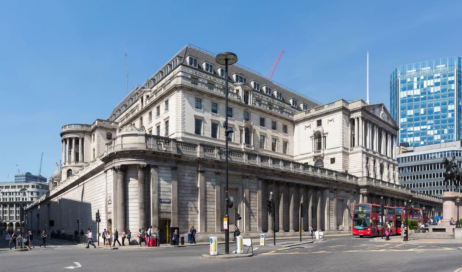 Bank of England building stands on a sunny day in London, UK.