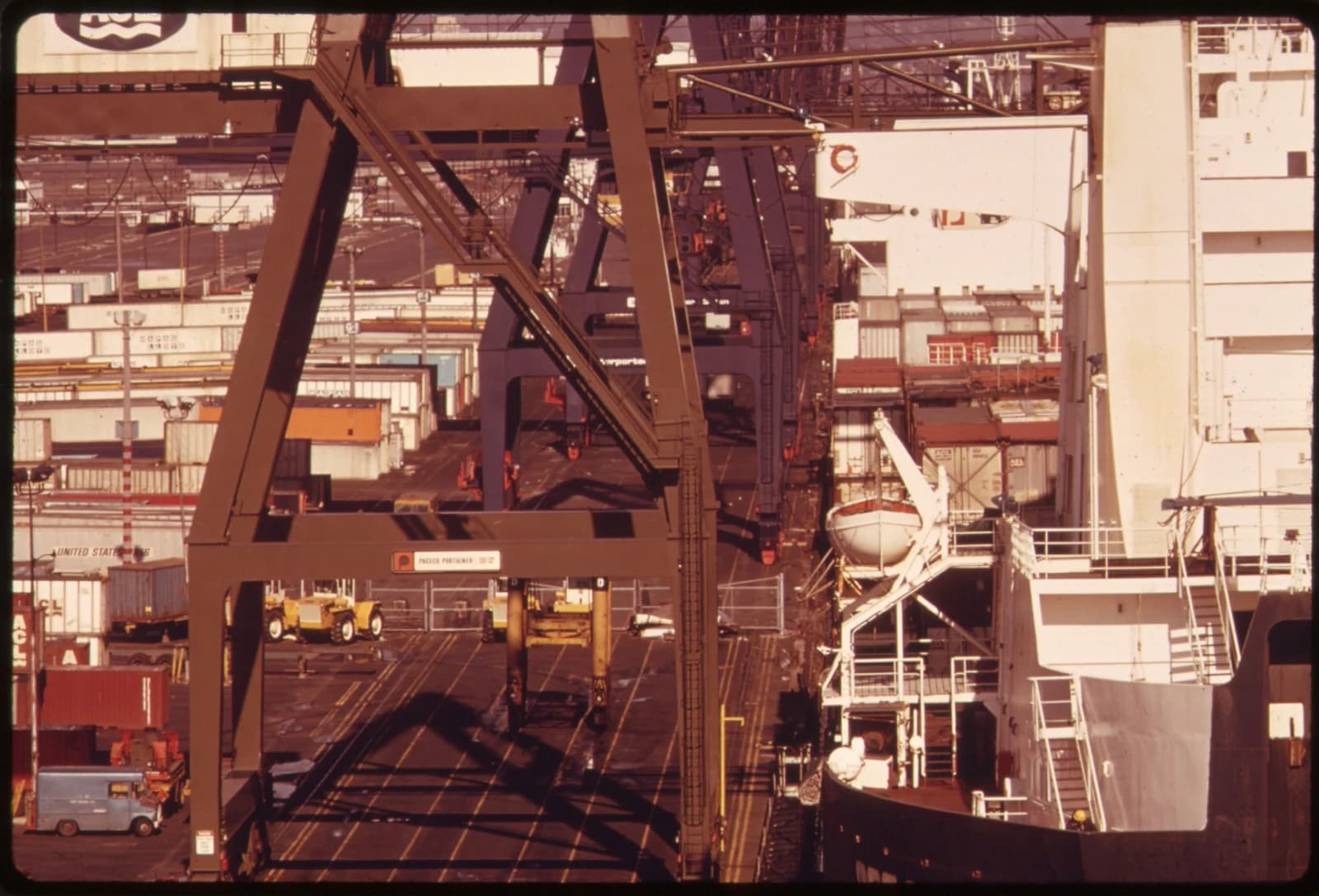 Machinery loading cargo onto ships at the Port of Newark, New Jersey.