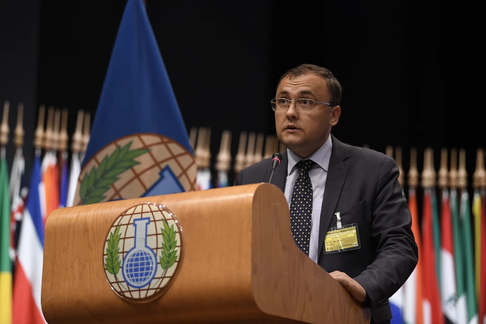 Vasyl Bodnar, Deputy Minister of Foreign Affairs, delivering a statement in Kyiv.
