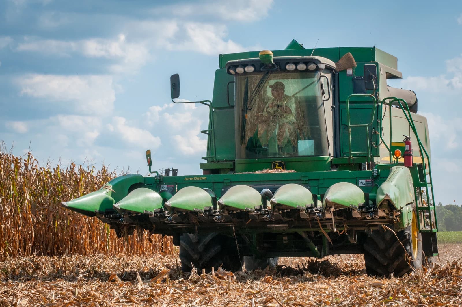 A combine machine harvesting corn in a field, with a person visible inside.