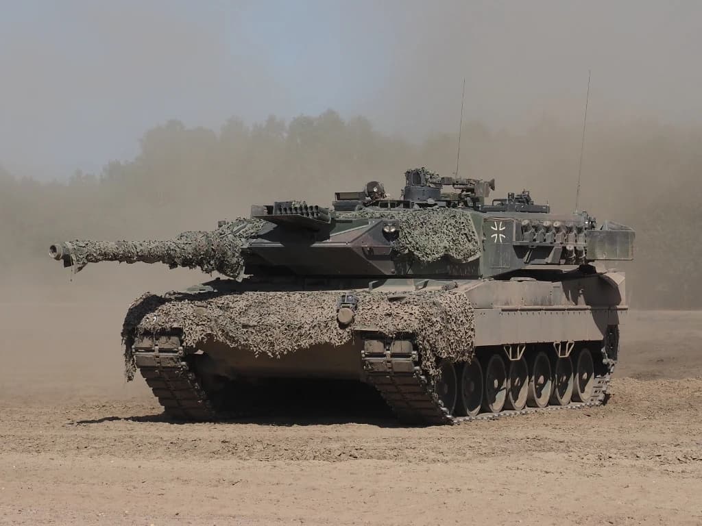 Leopard 2 A5 main battle tank with camouflage netting on dusty ground.