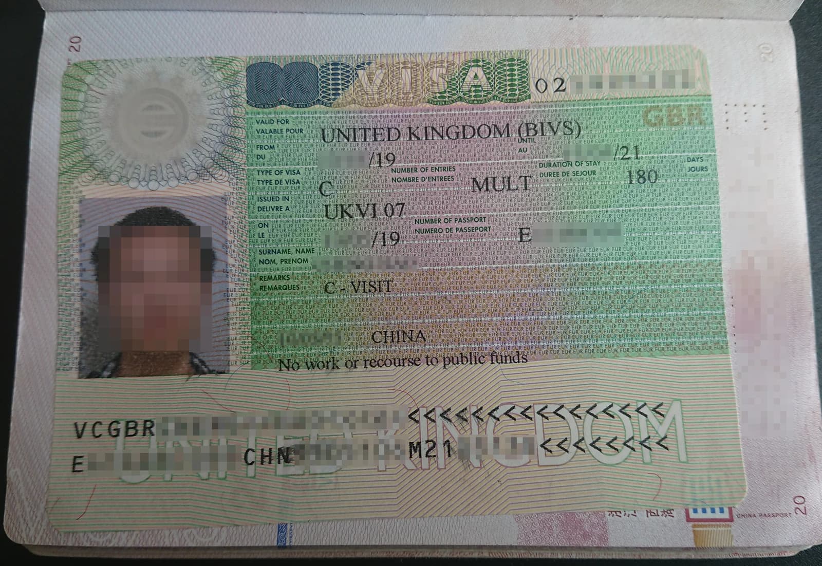 United Kingdom visa sticker showing details of a visitor visa.