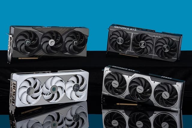 Four graphics cards from MSI, ASUS, and Gigabyte arranged on a dark reflective surface.