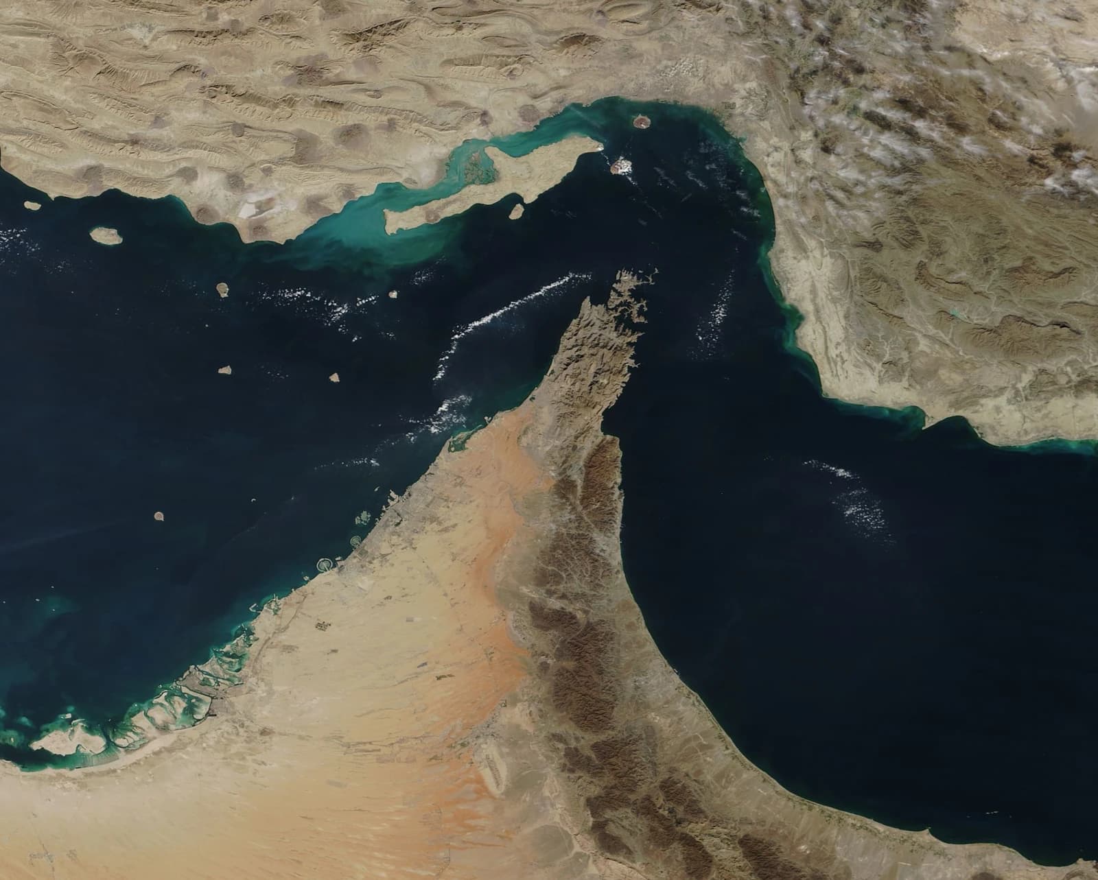 Satellite image of the Strait of Hormuz, connecting the Persian Gulf and the Gulf of Oman.