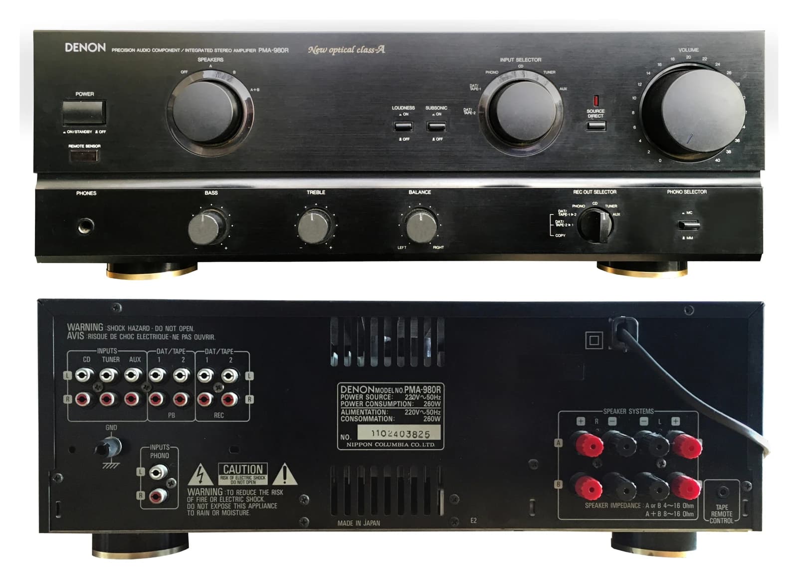 Front and rear sides of a black Denon PMA-980R Hi-Fi audio amplifier.