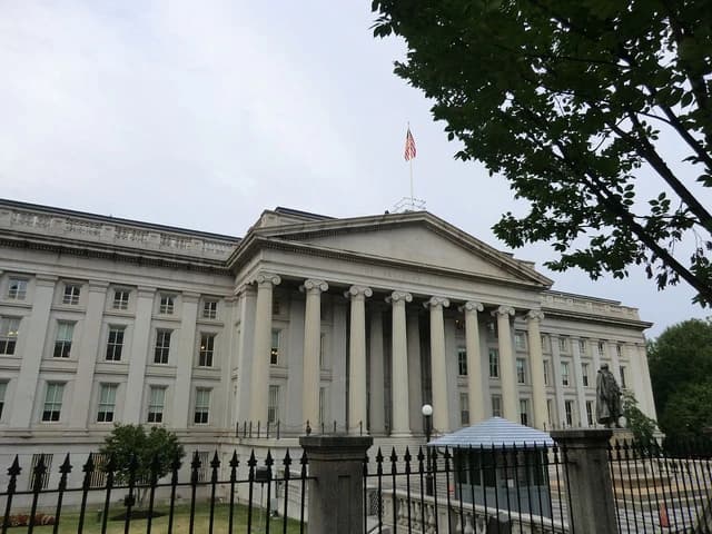 Exterior view of the U.S. Department of the Treasury headquarters building.