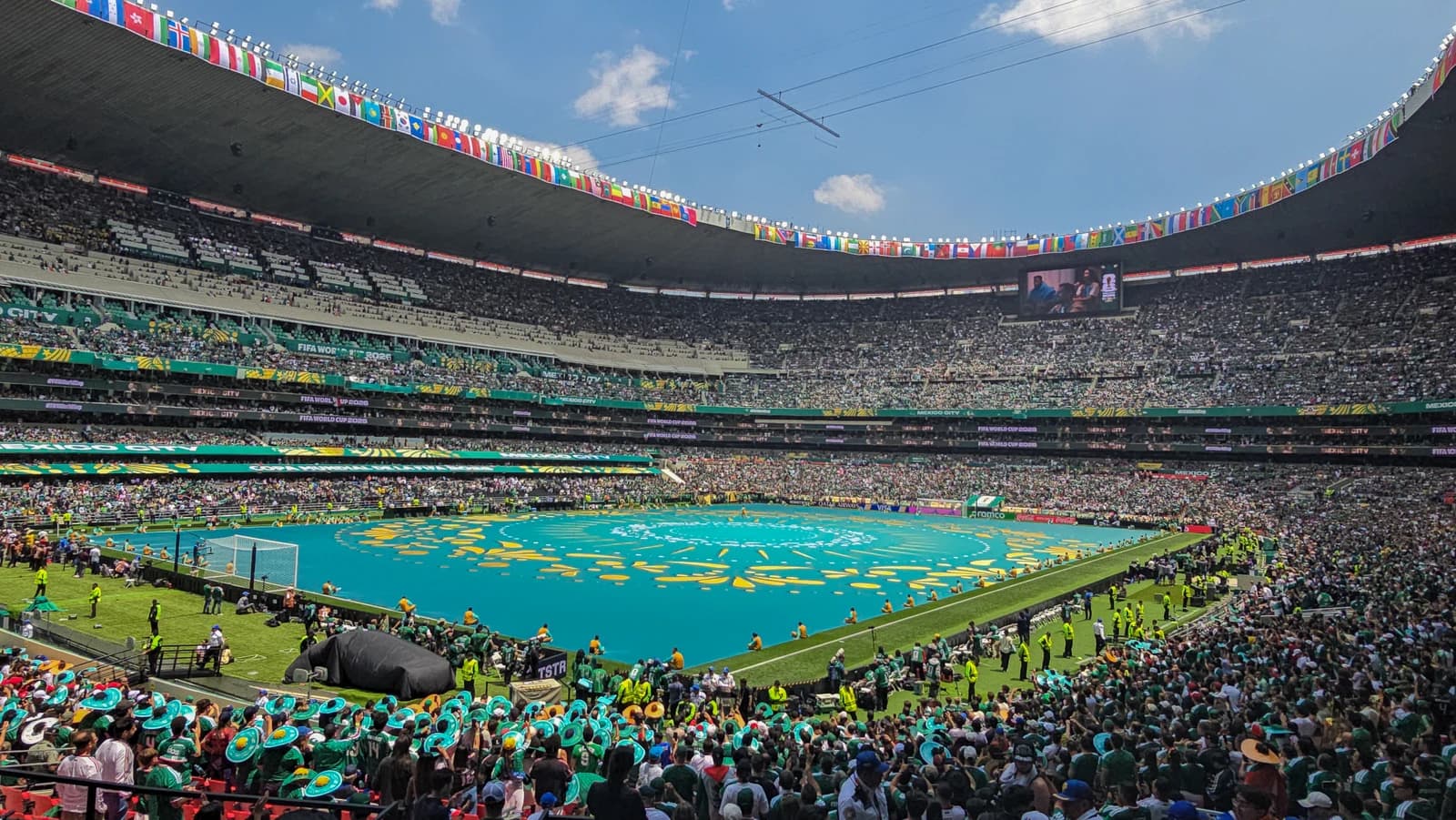 The field at Azteca Stadium in Mexico City during the opening ceremony of the 2026 World Cup.