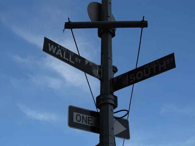 Street signs for Wall Street and South Street against a blue sky.