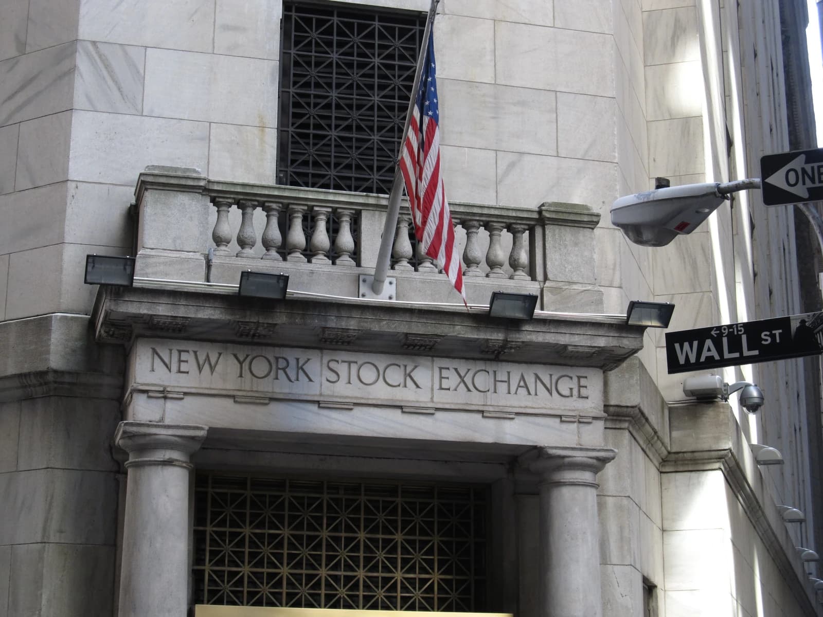 Exterior facade of the New York Stock Exchange building on Wall Street, New York City.