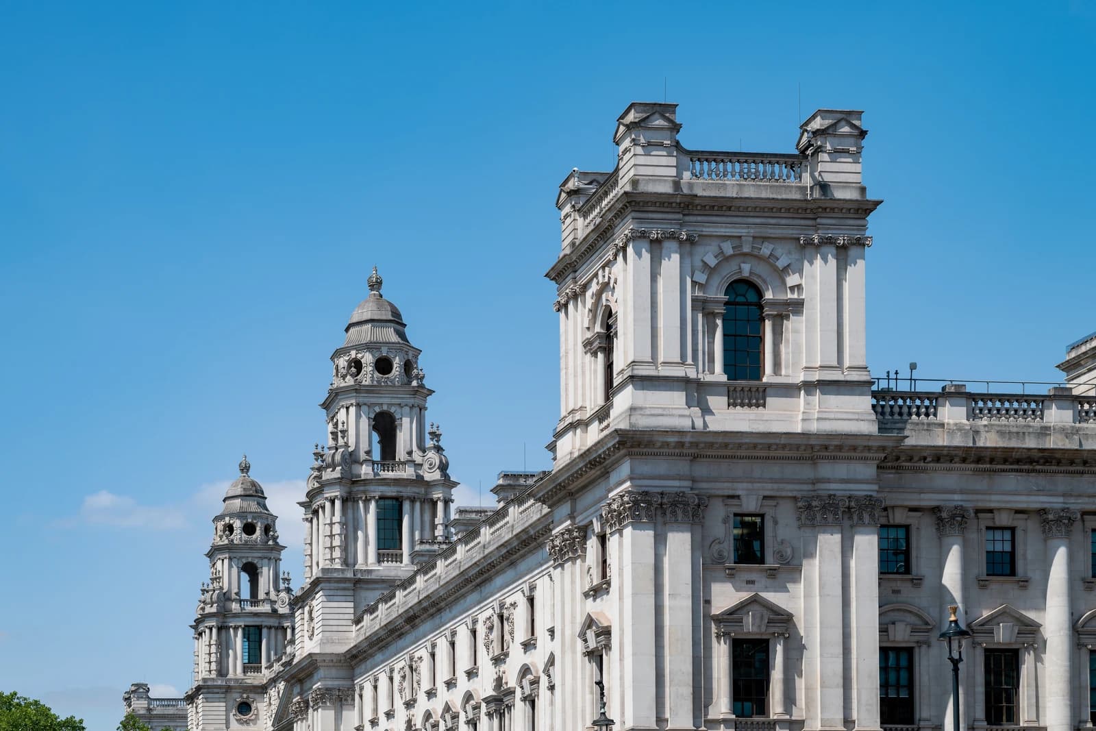 Exterior architecture of the HM Treasury building in Whitehall, London.