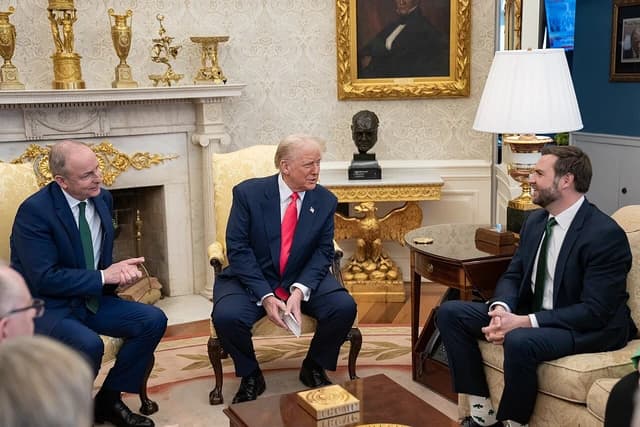 Donald Trump, President of the United States, speaking with JD Vance and Micheál Martin.