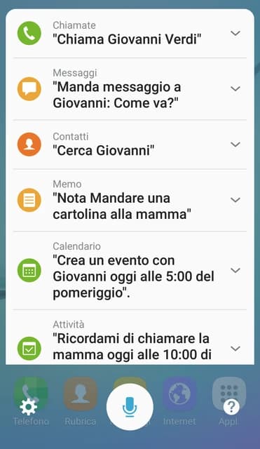 Smartphone screen showing voice commands for calling, messaging, and scheduling in Italian.