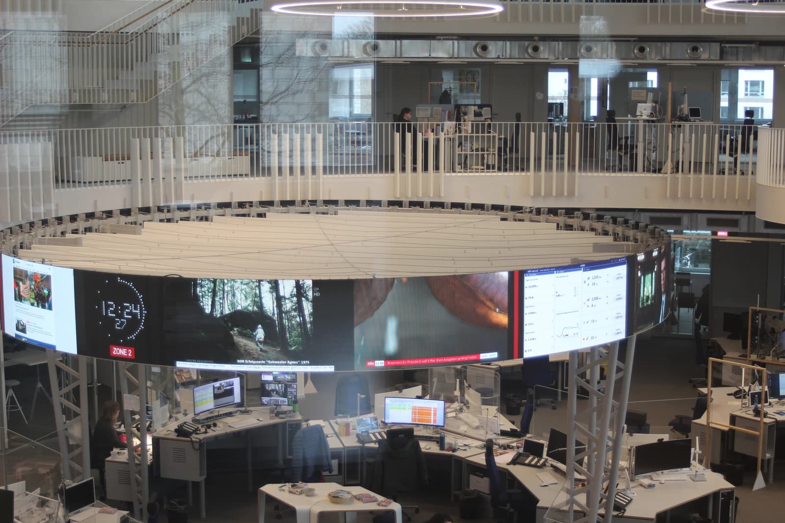 Overview of the ARD-aktuell newsroom featuring a large, curved digital display and multiple workstations.