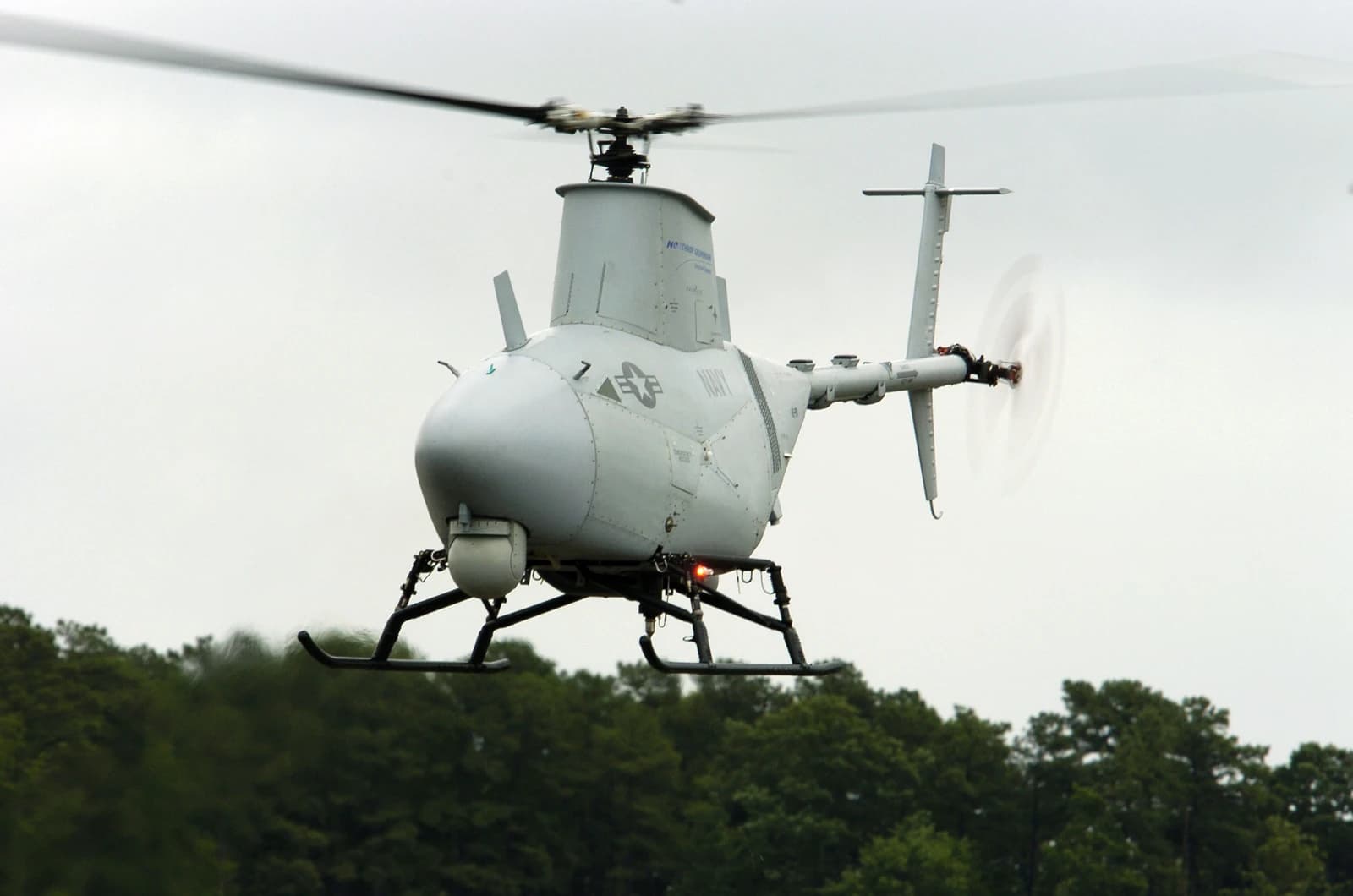 RQ-8A Fire Scout Vertical Takeoff and Landing Tactical Unmanned Aerial Vehicle in flight.