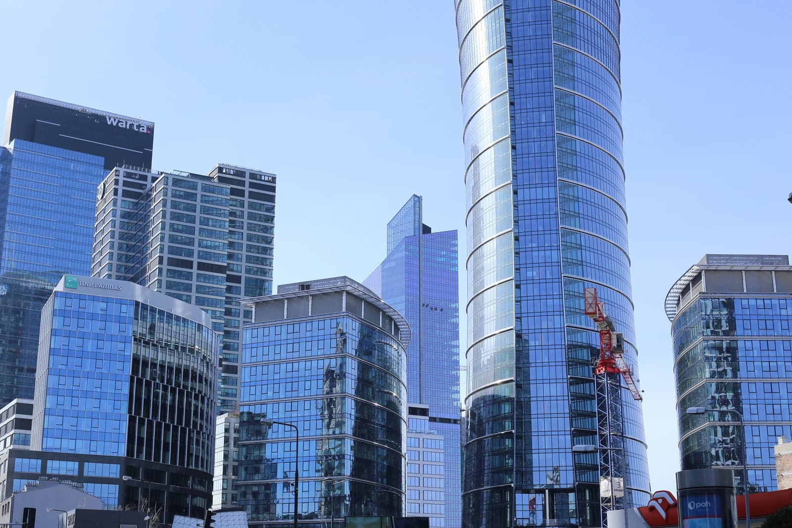 Modern skyscrapers and business buildings in the financial district of Warsaw, Poland.