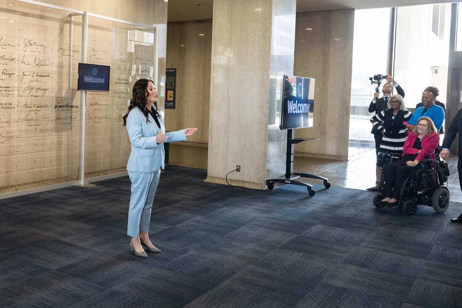 Lori M. Chavez-DeRemer, US Secretary of Labor, greets staff at the Department of Labor.