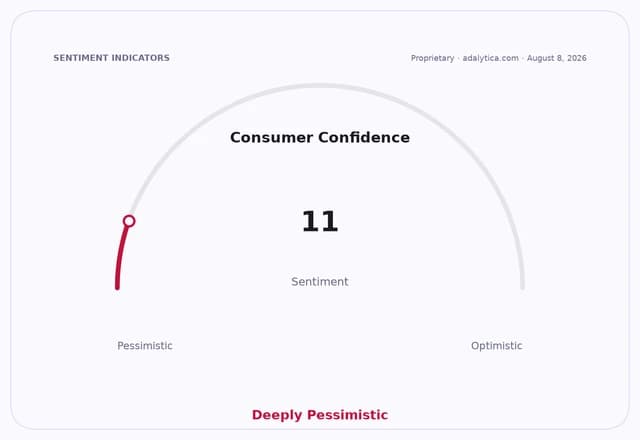 Consumer Confidence sentiment gauge showing a deeply pessimistic reading of 11.