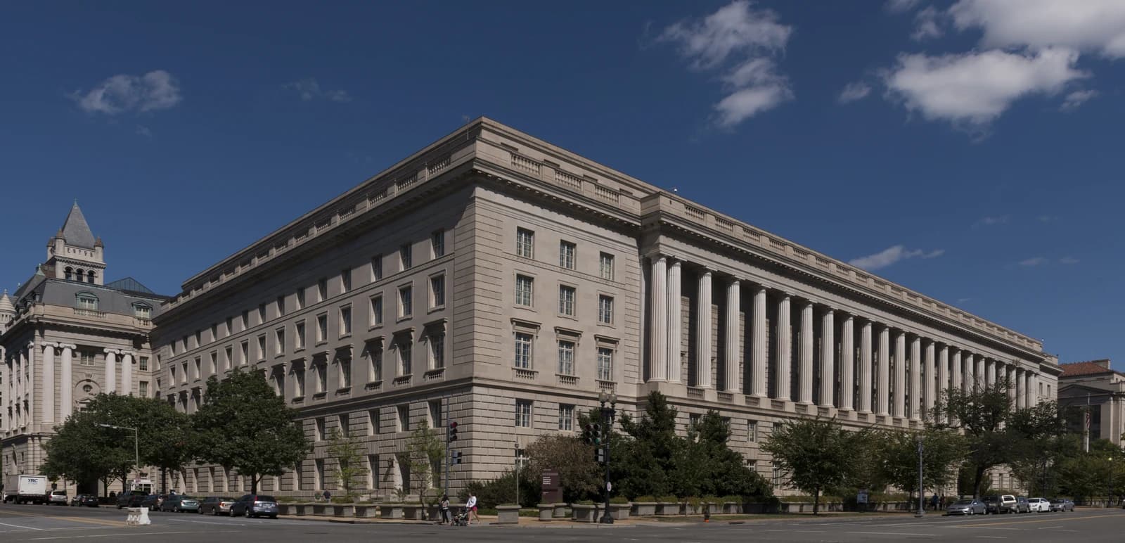 The Internal Revenue Service Building, located in Washington, D.C., under a blue sky.