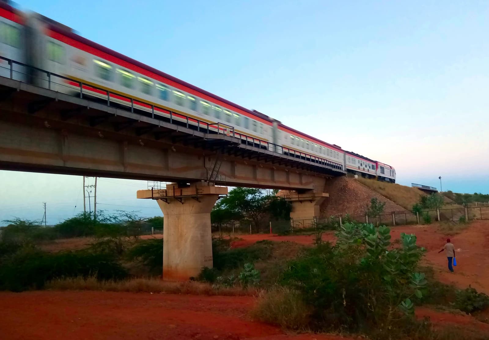 Express passenger train moving across a raised railway bridge in a rural landscape.