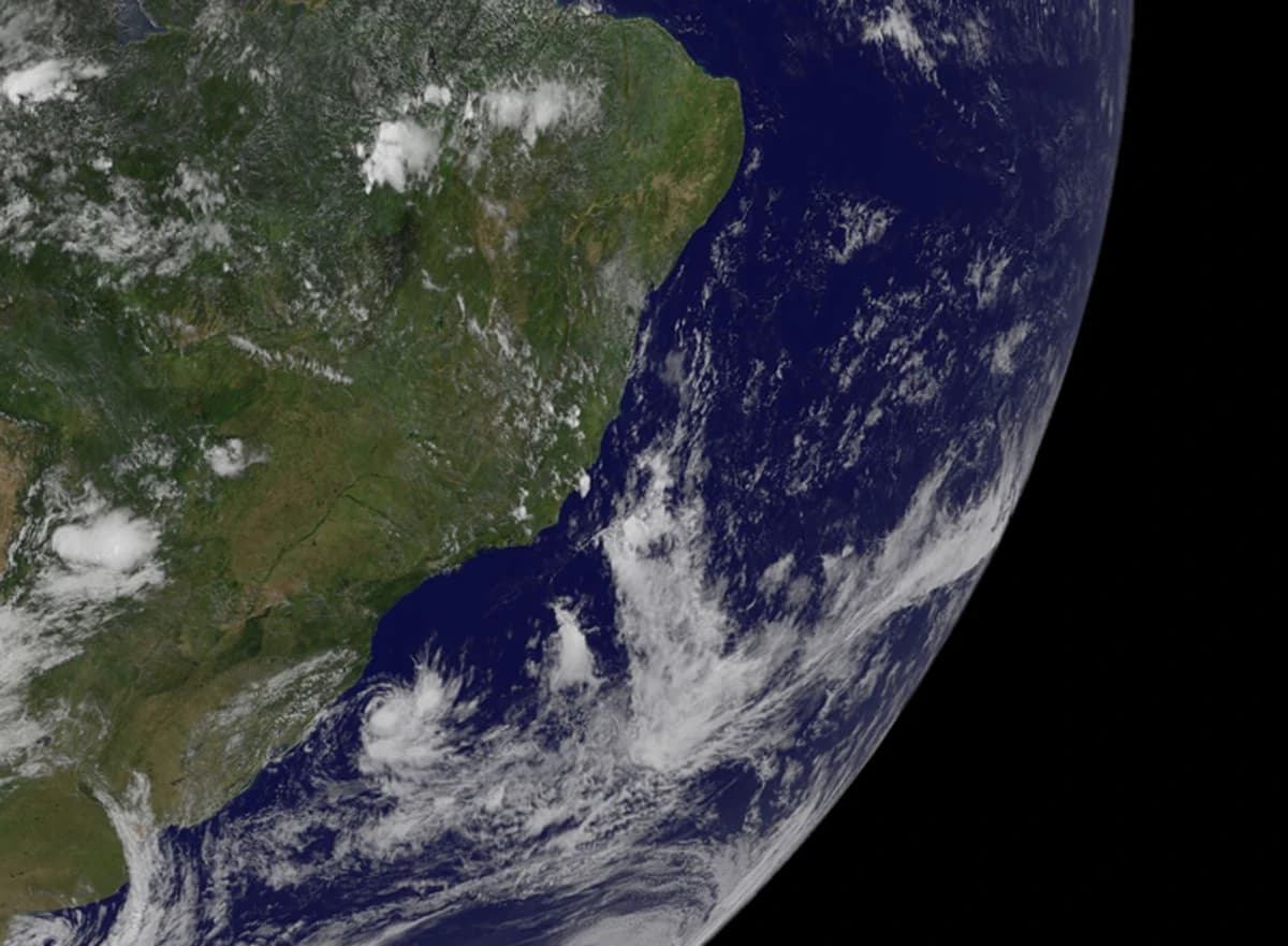 Satellite image showing cloud formations over the Atlantic Ocean off the coast of Brazil.