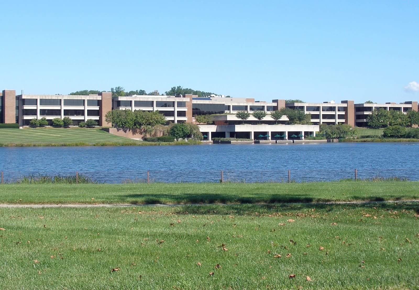 Bristol Myers Squibb facility building with a lake and green grass in the foreground.
