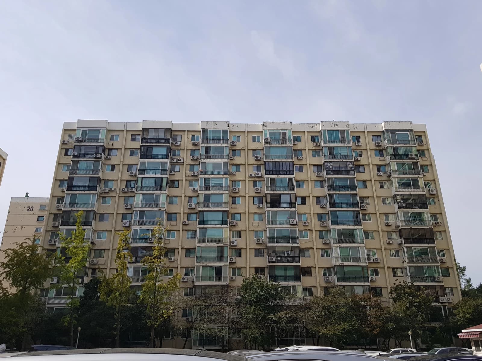 East facade of Hyundai Apartments, a residential building, in Seoul, Korea.