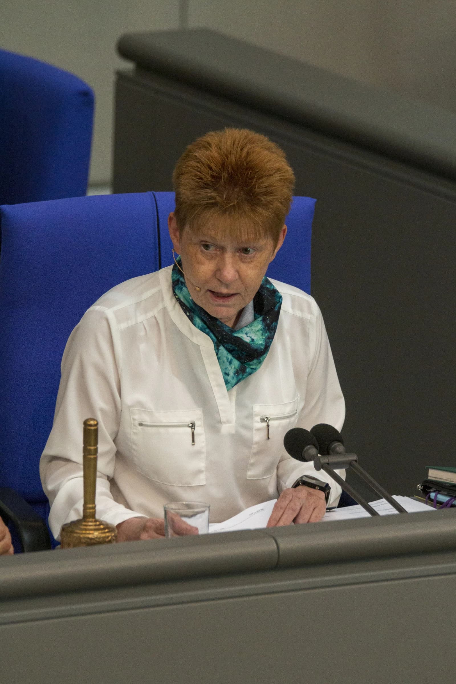Petra Pau, a German politician from the Left party, speaking at a desk with microphones.