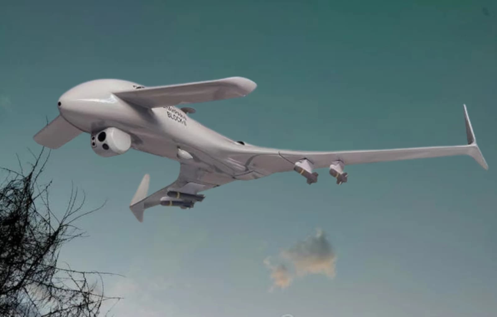 A gray GIDS Shahpar 2 drone with mounted missiles flying in the sky.