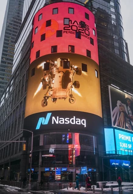 NASA Mars Perseverance rover displayed on the Nasdaq MarketSite screen in Times Square.