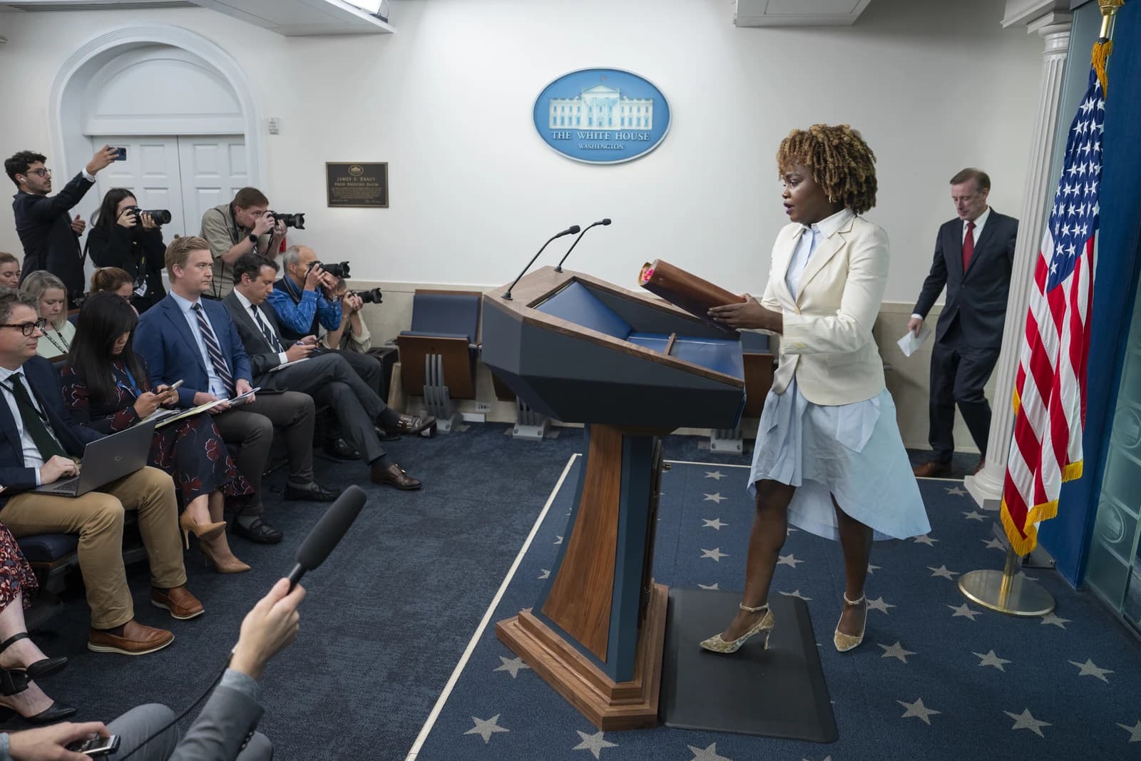 Press Secretary Karine Jean-Pierre at a press briefing in the James S. Brady Press Briefing Room.