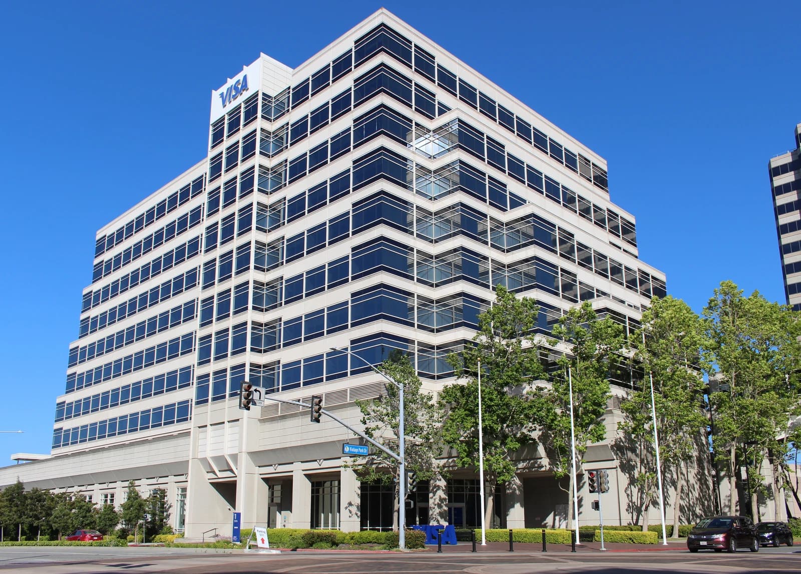 Visa's corporate headquarters building at 900 Metro Center Boulevard, Foster City, California.