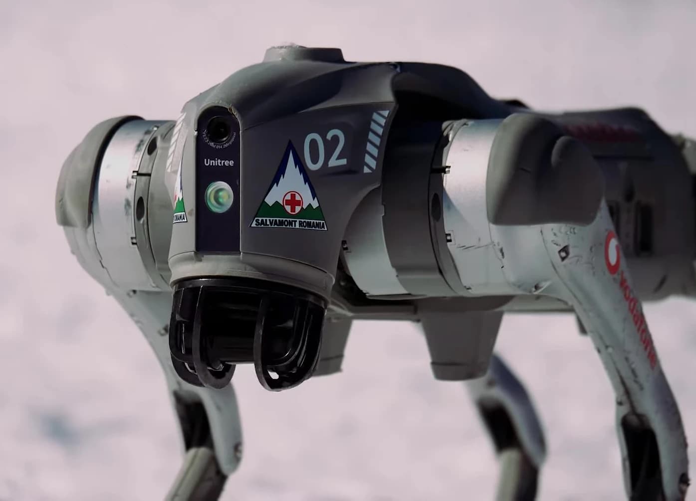Unitree Go2 robot with Salvamont Romania branding on its side.