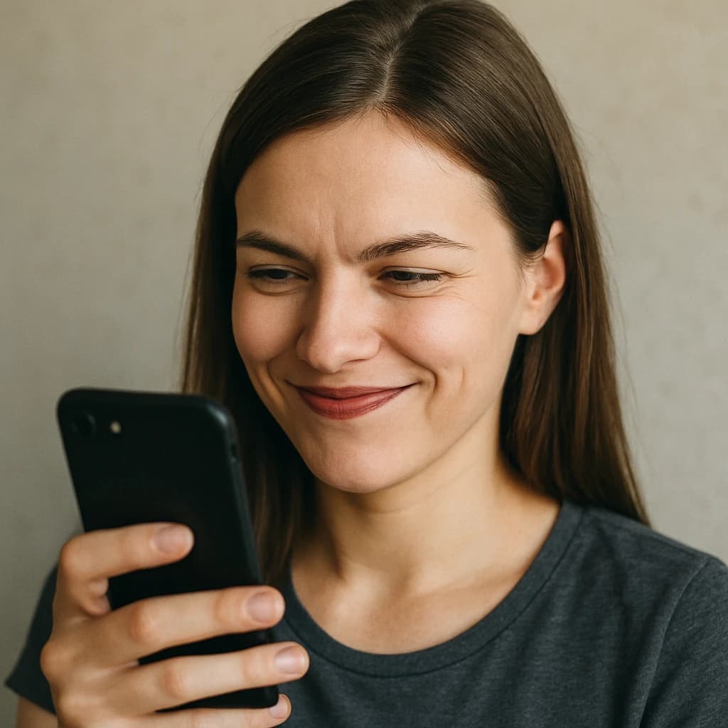 Young woman looking down and smiling at her phone.