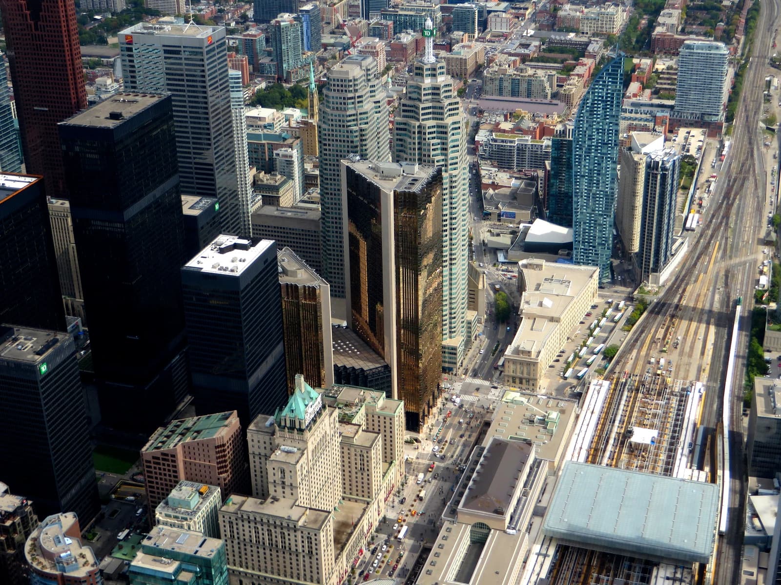 Aerial view of Royal Bank Plaza towers in Toronto's financial district.