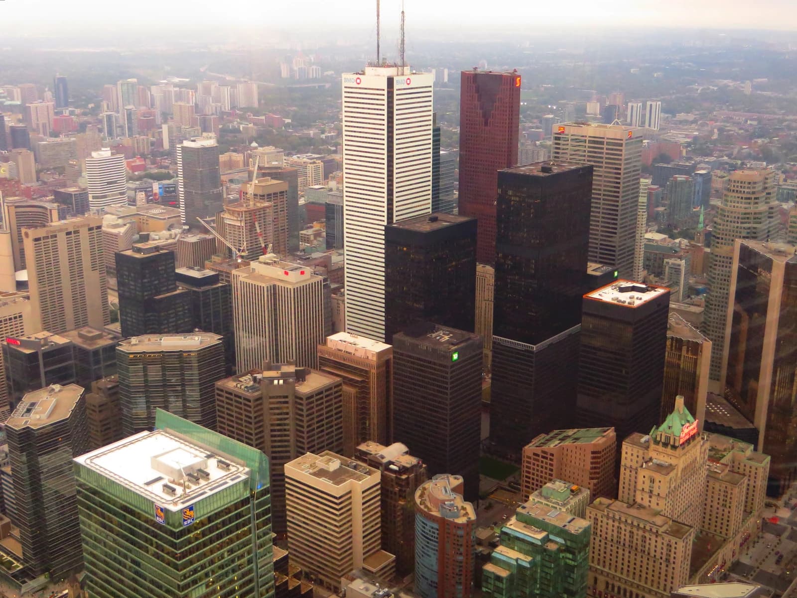 Aerial panoramic view of downtown Toronto skyscrapers and financial district buildings.