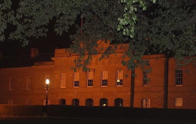 Tasmania Parliament House exterior at night, with a street lamp and tree branches.