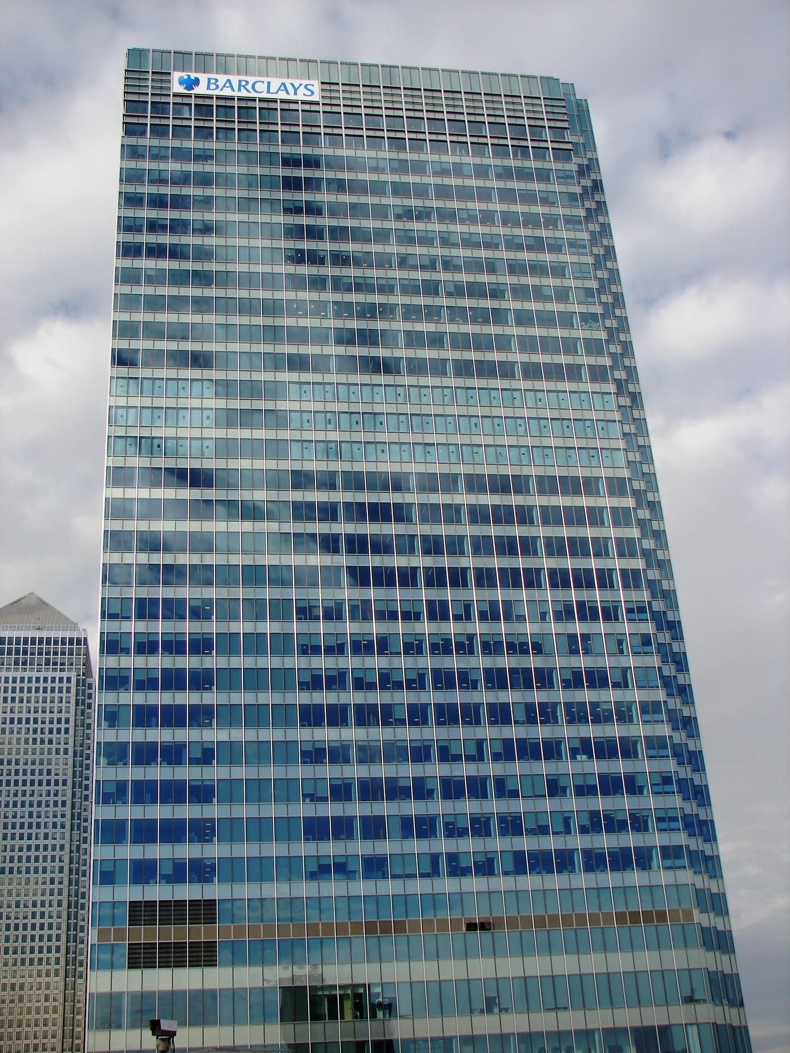 Exterior view of the Barclays Bank PLC world headquarters building in London.