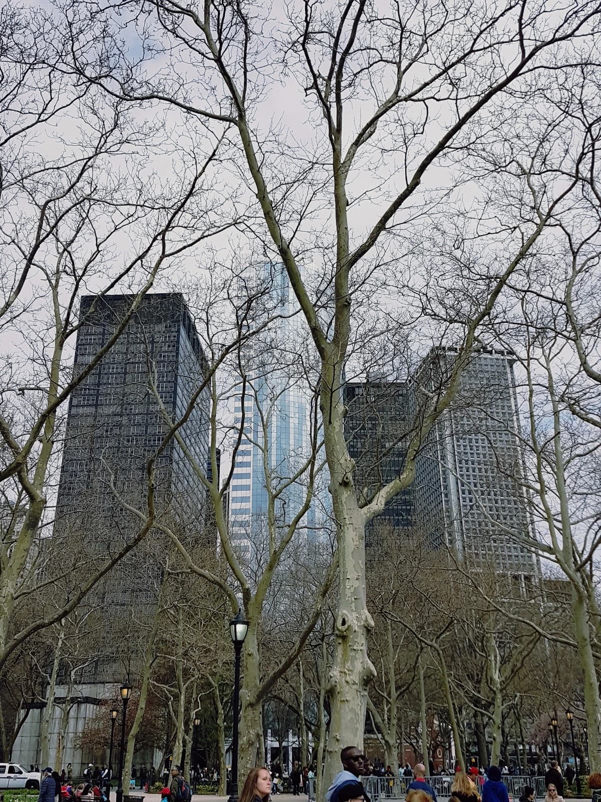 Battery Park in New York City with tall buildings of the Financial District visible through bare trees.
