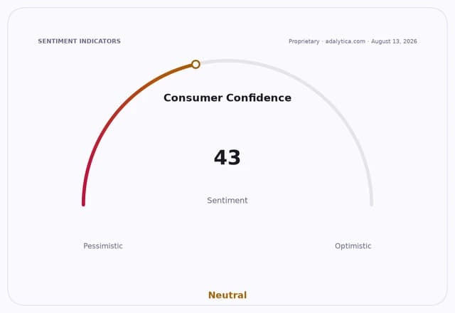 Consumer Confidence sentiment gauge dial pointing to 43, indicating a 'Neutral' outlook.