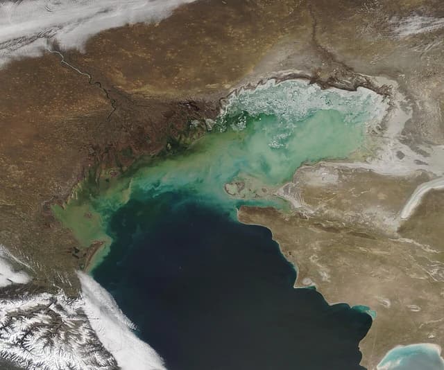 Satellite image shows the extensive Volga River Delta flowing into the Caspian Sea.