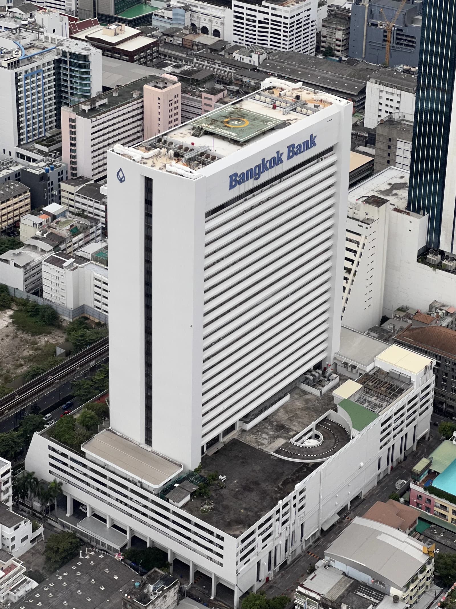 Aerial view of Bangkok Bank headquarters building in Silom district of Bangkok, Thailand.