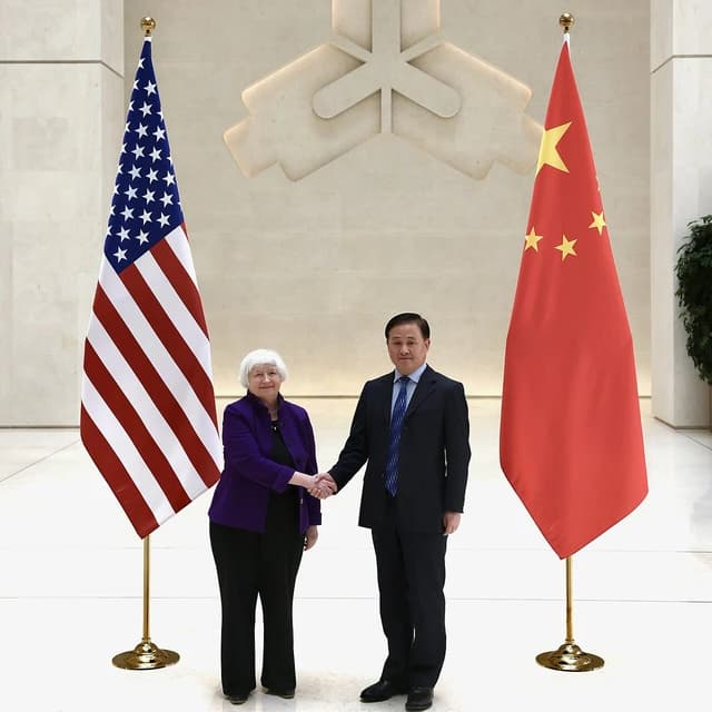Janet Yellen, US Treasury Secretary, shaking hands with People's Bank of China Governor Pan Gongsheng.