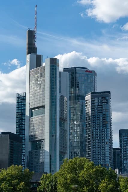 Commerzbank Tower and other modern skyscrapers in the Frankfurt banking district.